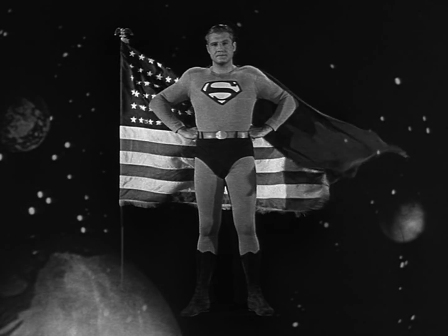 George Reeves as Superman in the Adventures of Superman TV show intro