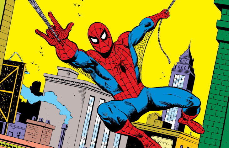 Classic Spider-Man comic image by Sal Buscema showing Spider-Man swinging with his webbing