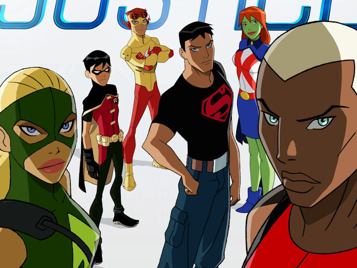 Main characters of Young Justice Season 1 (Robin, Artemis, Kid Flash, Superboy, Miss Martian, and Aqualad)