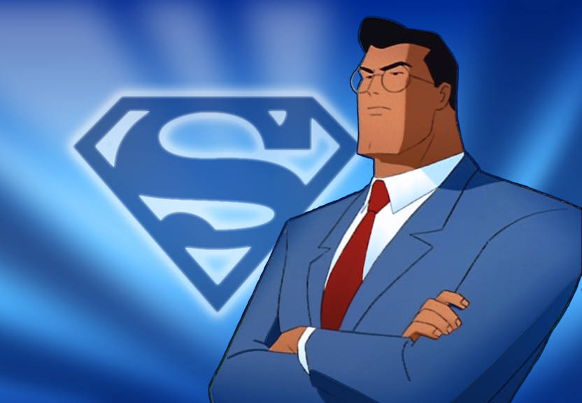 Clark Kent from Superman: The Animated Series against a blue background with a blue Superman symbol